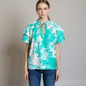 NWT Caballero Kelsie Top Teal Ivory Silk Blend Flutter Sleeve Blouse Medium